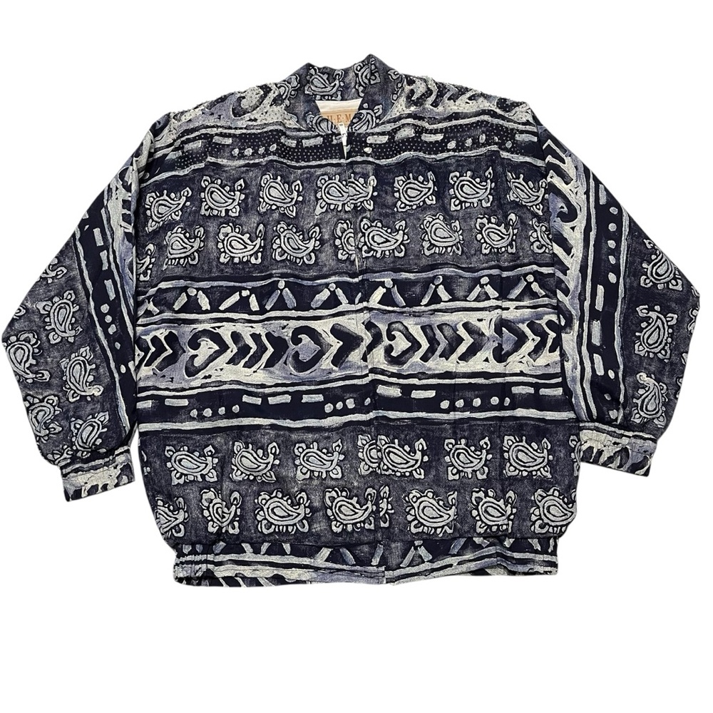 VTG 90s NWT THEMES Womens Blue Jacket Sz S Artsy Abstract Tribal Beaded Boho